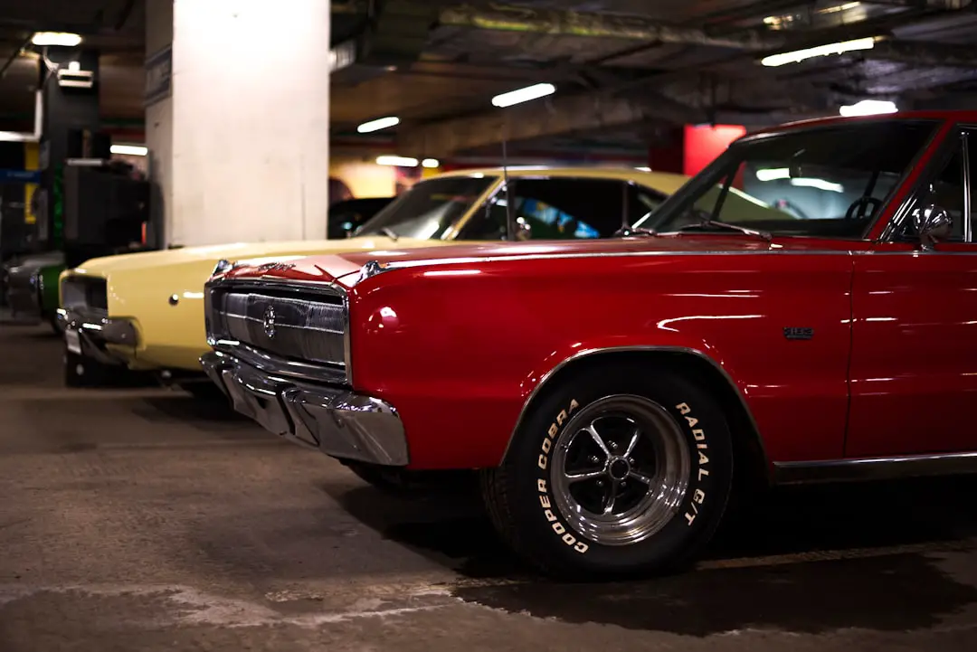 a red car parked in a garage