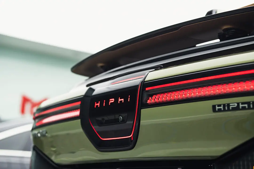 a close up of the tail lights of a sports car