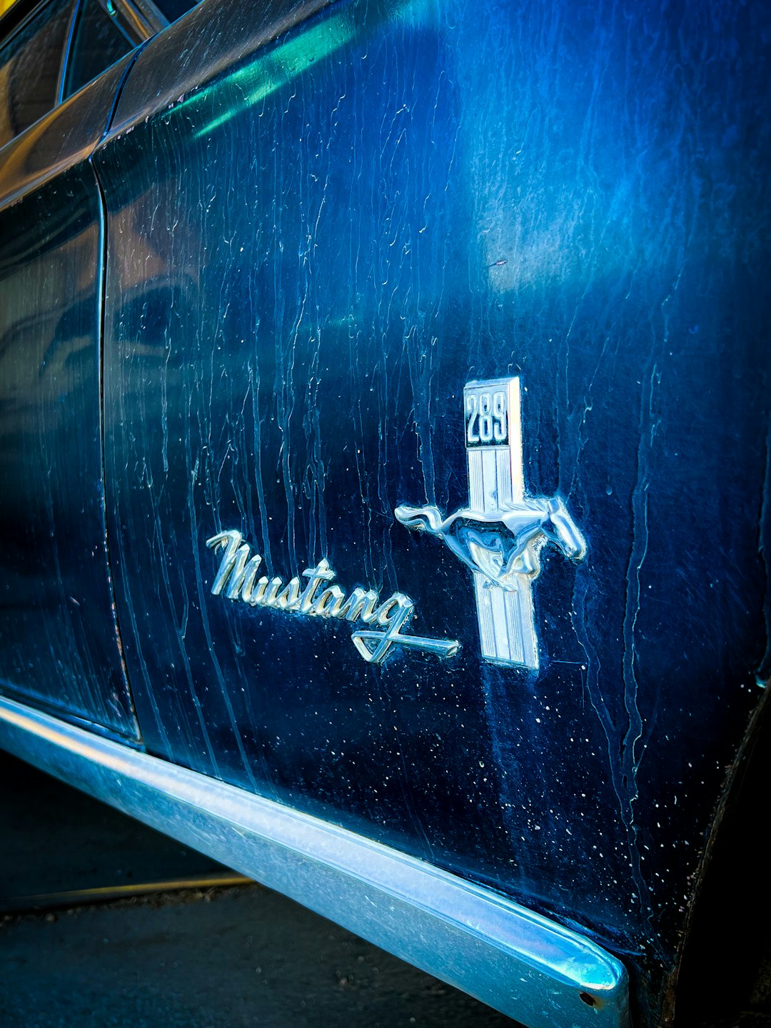 Mustang emblem on a dark blue car.