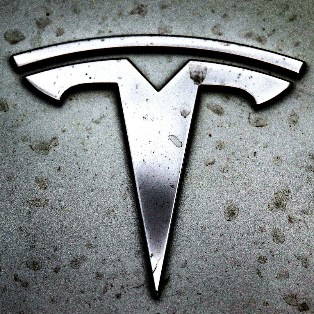 a close up of a tesla logo on a car