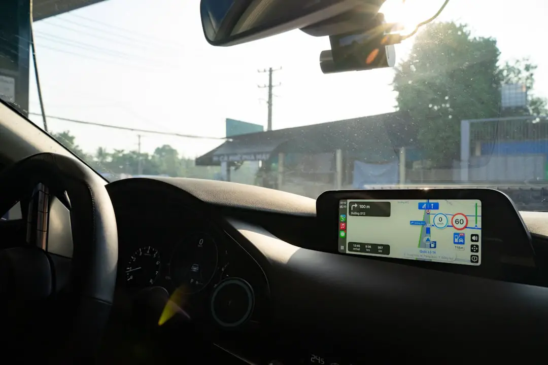 Inside a car looking at the gps.