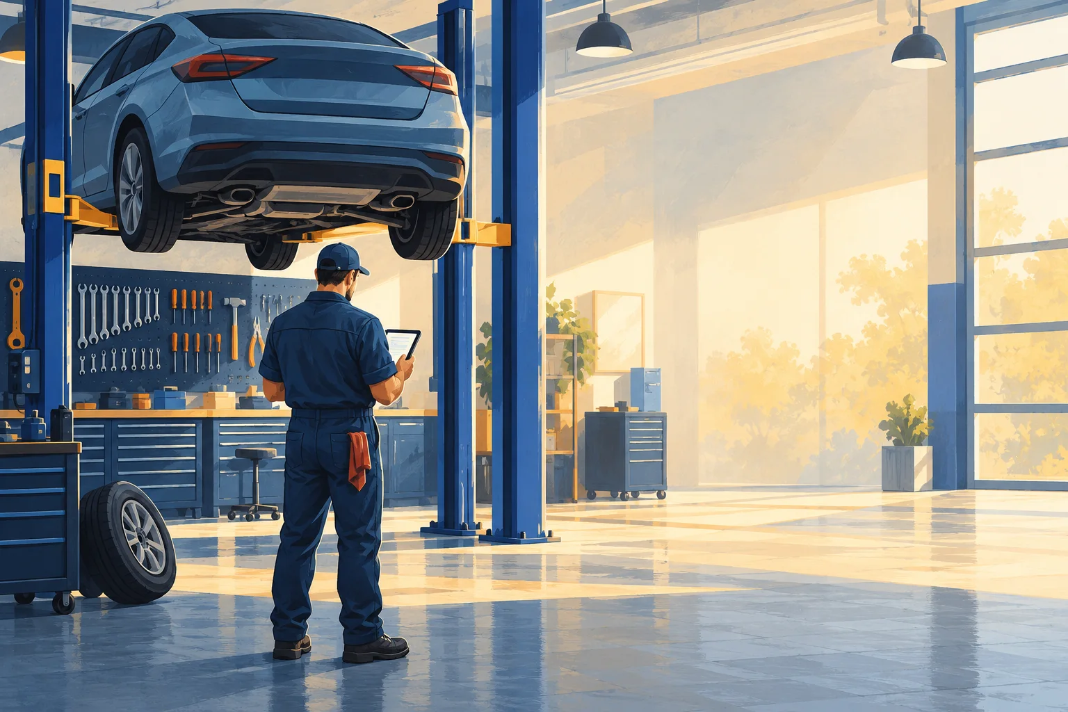 Illustration of a mechanic inspecting a car on a lift in a bright repair garage.